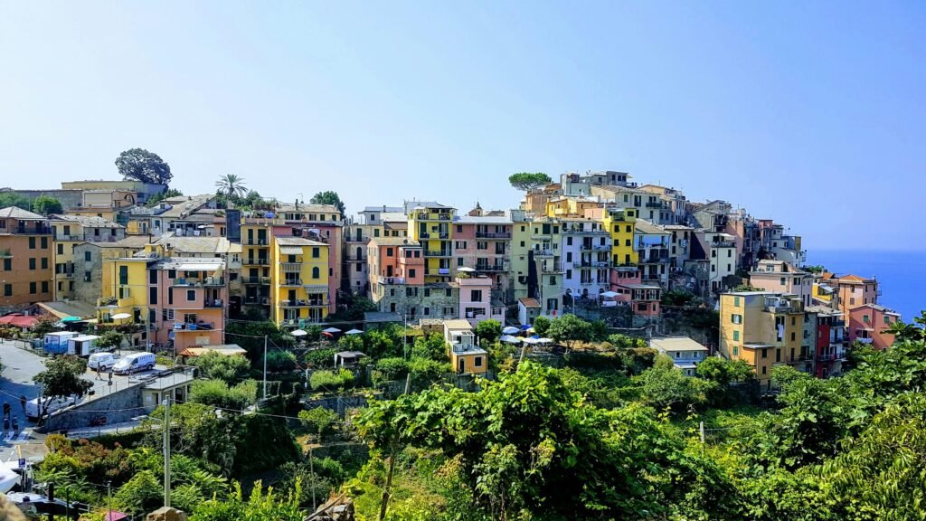 Colorful hillside village of Corniglia overlooking the Ligurian Sea in Cinque Terre, Italy.